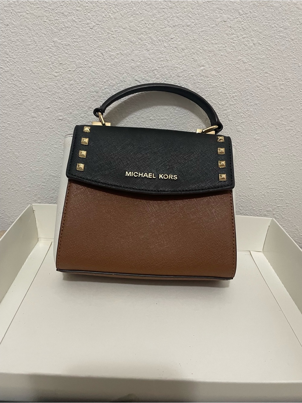 Michael Kors Black & Brown Small Top Handle Satchel with Gold Studs